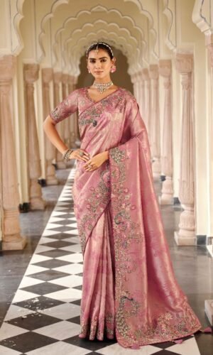 Peach Silk Saree with Intricate Embroidery