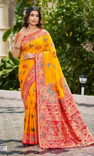 Bright Yellow Designer Silk Saree