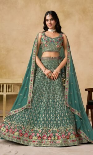 Designer Teal Blue Embroidered Lehenga Set