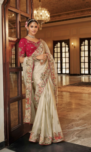Cream Elegant Tissue Silk Saree