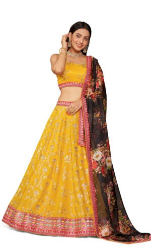Mustard Yellow Black Georgette Lehenga