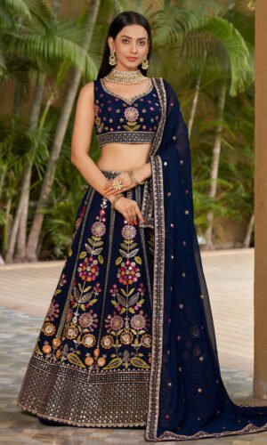 Navy Blue Floral Embroidered Georgette Lehenga