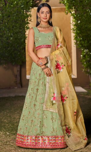 Pista Green Embroidered Lehenga Set with Floral Dupatta