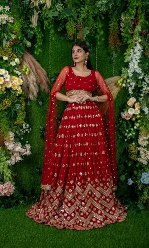 Red Semi-Stitched Georgette Lehenga With Unstitched Blouse
