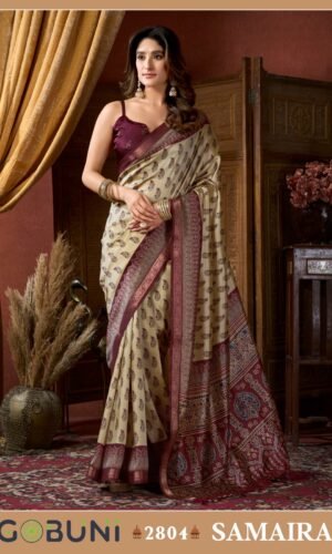 Ajrak Printed Saree with Jacquard Border & Jhallar