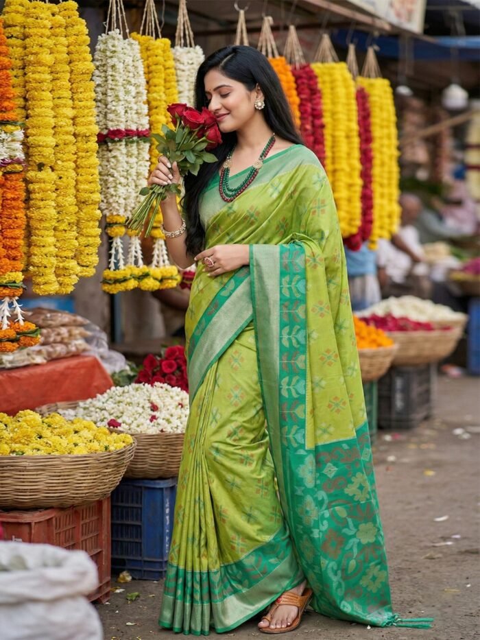 Bright Yellow and Orange Pochampalli Silk Saree, perfect for festive occasions and traditional Indian weddings