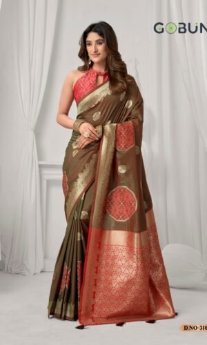 Full set of Gobuni Shraddha soft silk sarees displayed in all 5 colors.