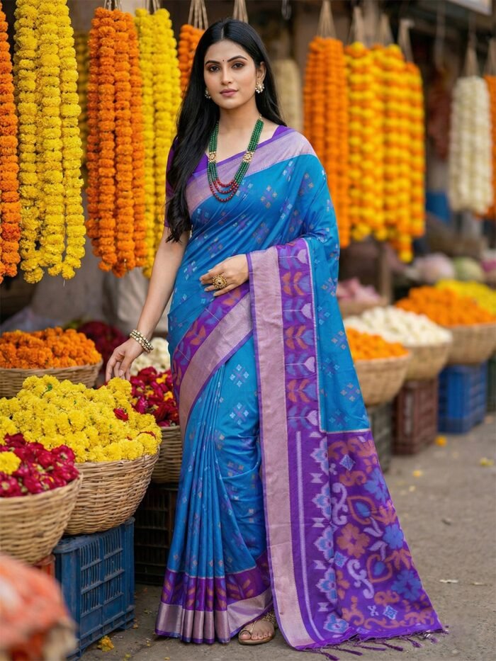 Vibrant Green Pochampalli Silk Saree featuring ethnic patterns and a rich mustard gold pallu.