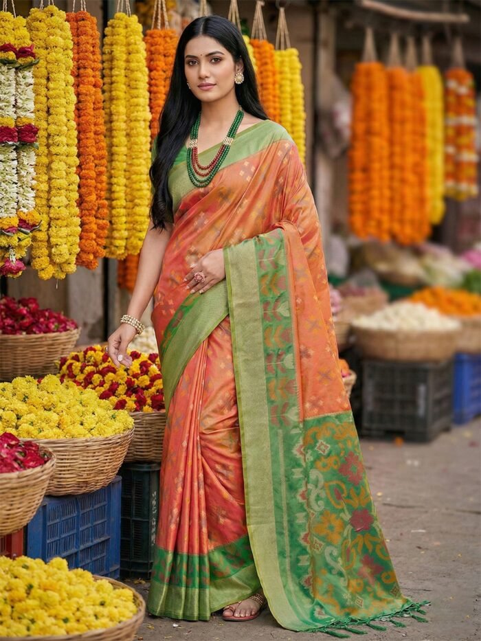 Premium Orange and Green Pochampalli Silk Saree with traditional geometric weaving and gold zari border