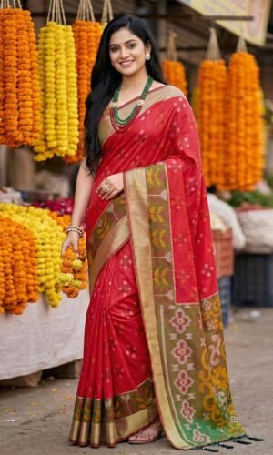 Premium Pochampalli Silk Saree with Traditional Weaving & Contrast Border | Raal Silk