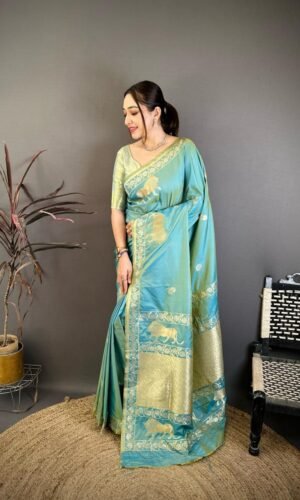 Lion Silk Cyan Blue Soft Banarasi Saree with Pure Gold Jari Work
