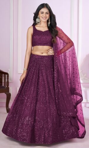 Wine Purple Sequins & Thread Embroidered Soft Net Lehenga Choli