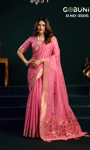 Pink Gobuni Siya Luxury Munga Cotton Saree Pum Pum Finish