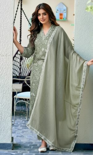 Pista Green Floral Rayon Kurti, Pant & Dupatta Set