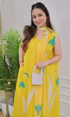 Premium Yellow Printed Rayon Kurti Pant Set with Dupatta